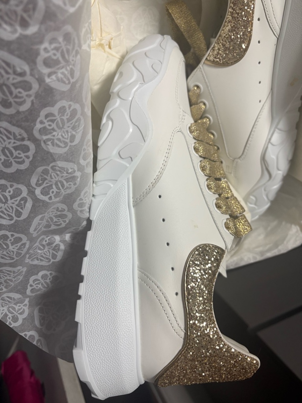 Alexander McQueen White Sneakers with Gold Glitter Heel & Laces